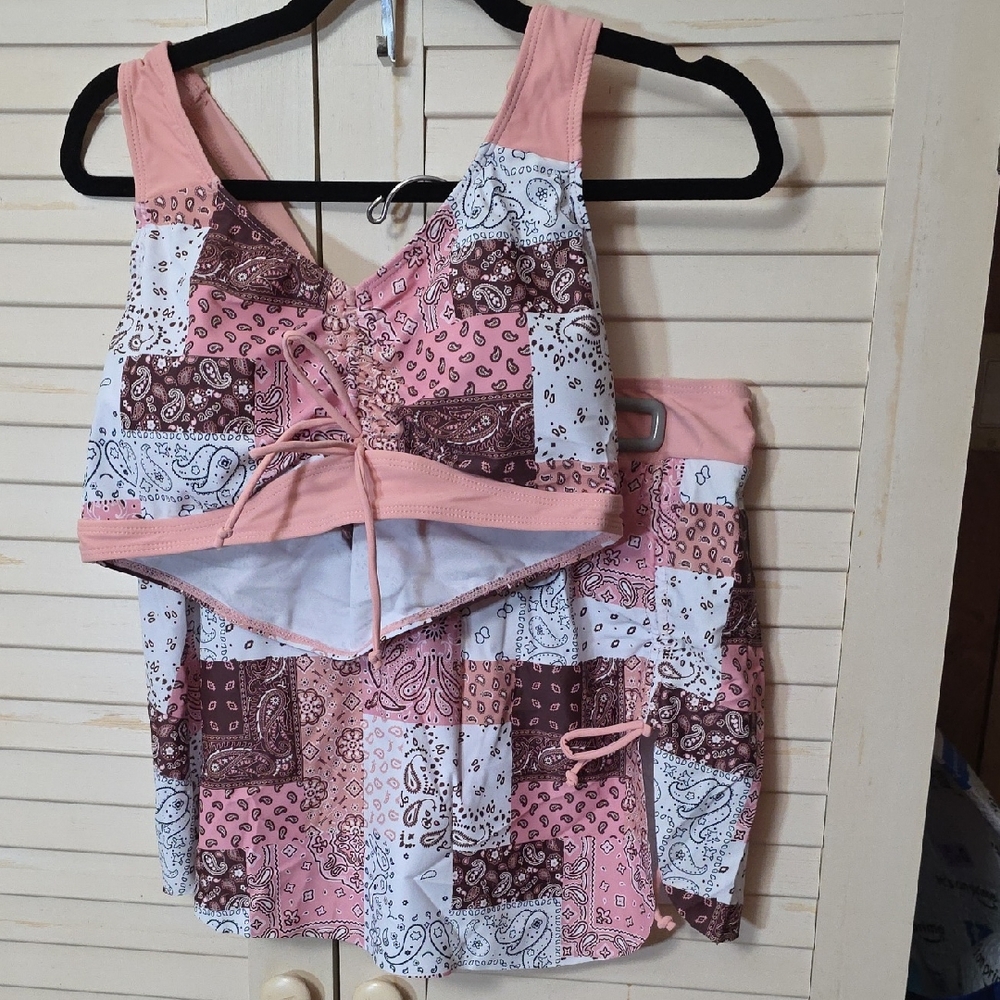 Pink and Brown Patchwork Tank and Swim Skirt Bikini